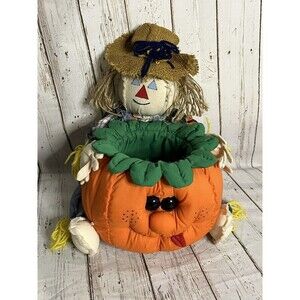 Vintage 90s Plush pumpkin Scarecrow halloween candy bowl
